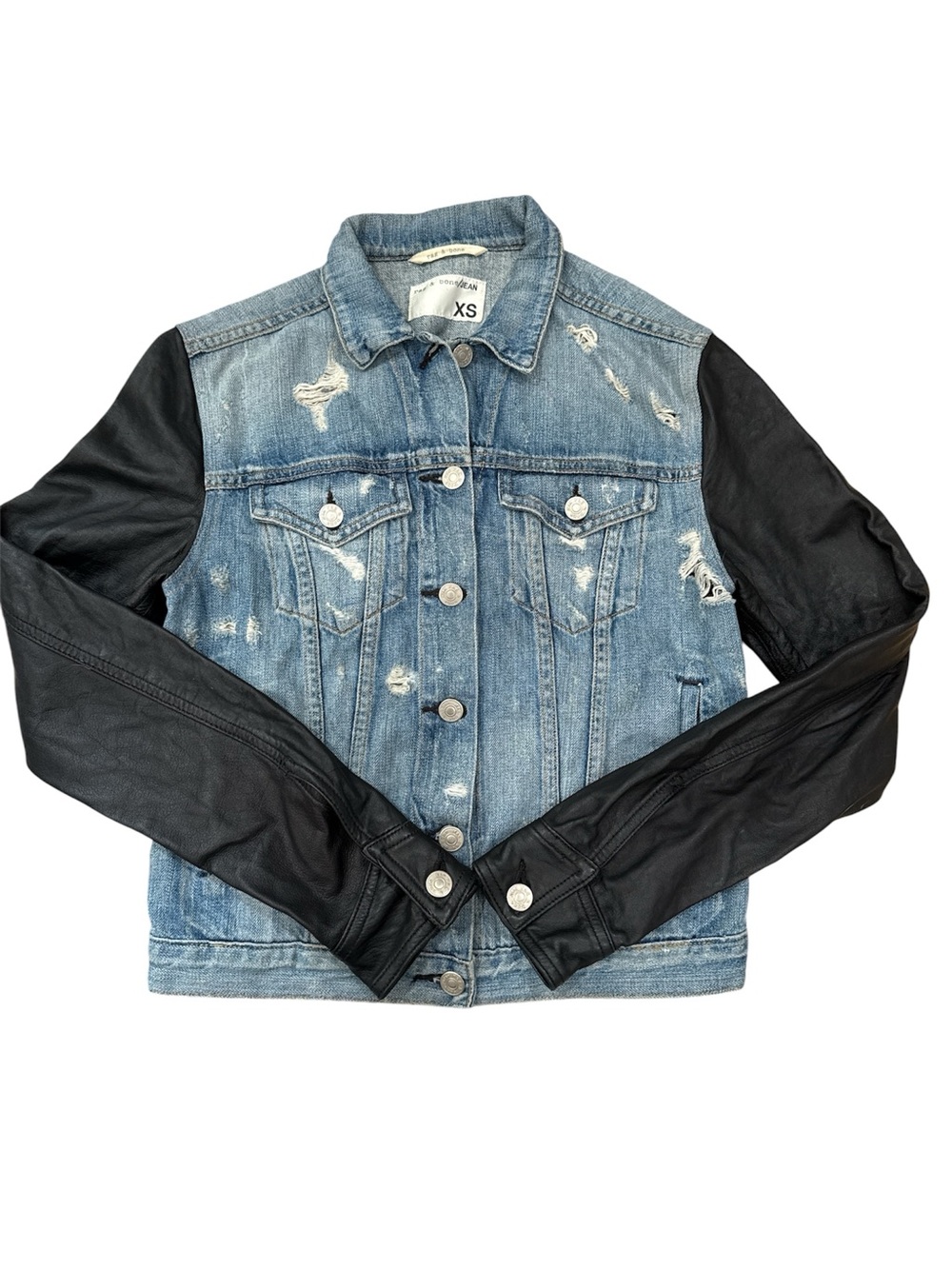 rag & bone Two-Tone Distressed Denim Jacket with Black Leather Sleeves
